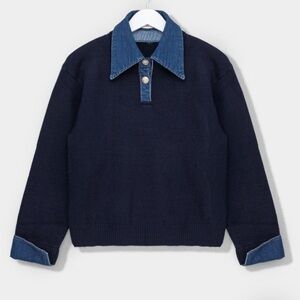 Navy Sweater with Denim Detail